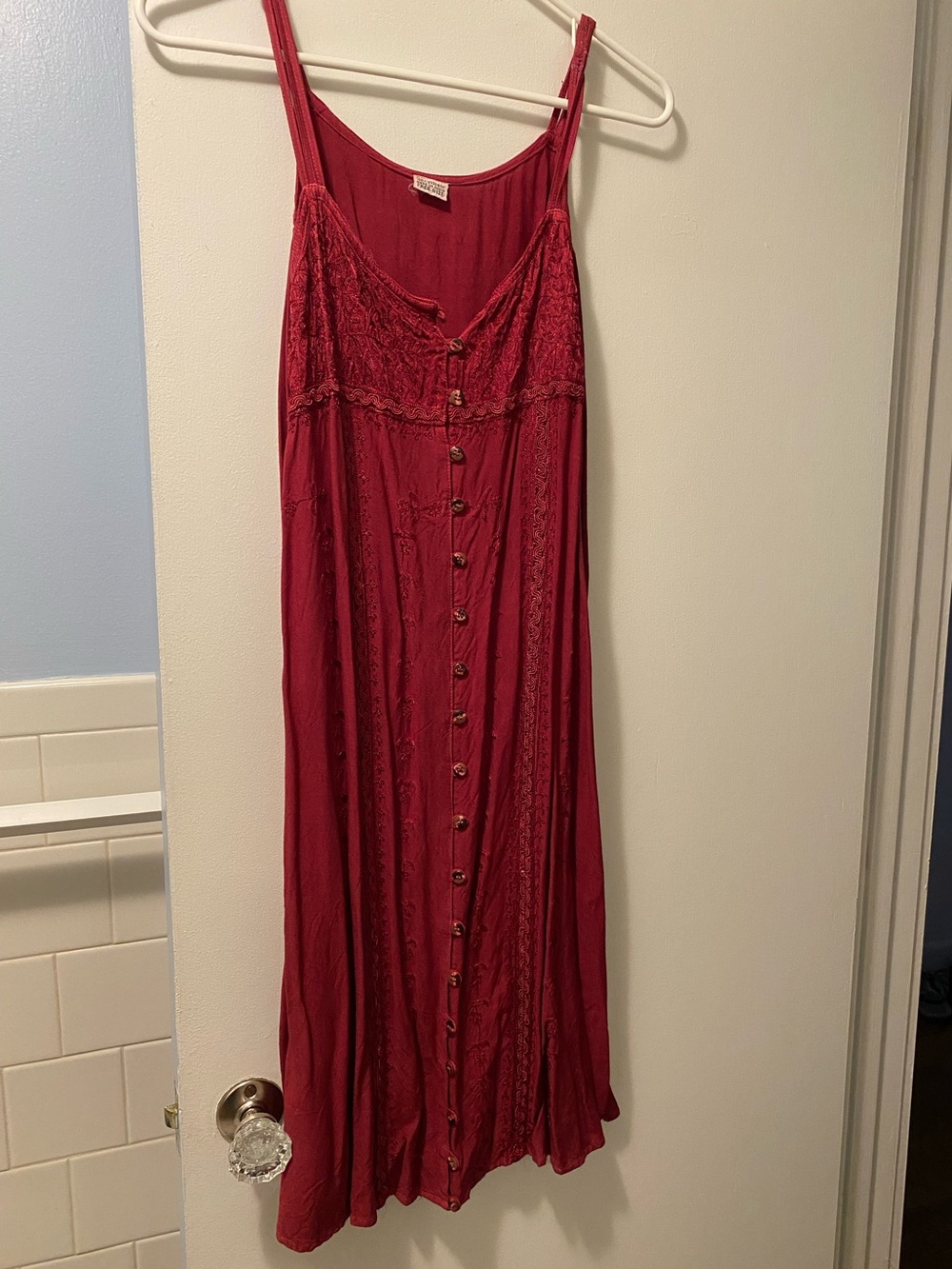 Red Button-Front Lace-Trim Maxi Summer Dress